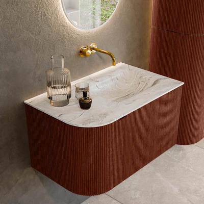 Badmeubel Mondiaz Kurve-Dlux | 75 cm cm | Meubelkleur Ruby | Wastafelkleur Glace | Solid surface | Wasbak rechter zijde spoelbak | Zonder kraangat(en)