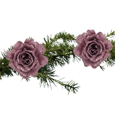 Kerstboomversiering Bloemen - 2x - 10 cm - roze glitter - op clip - ornament