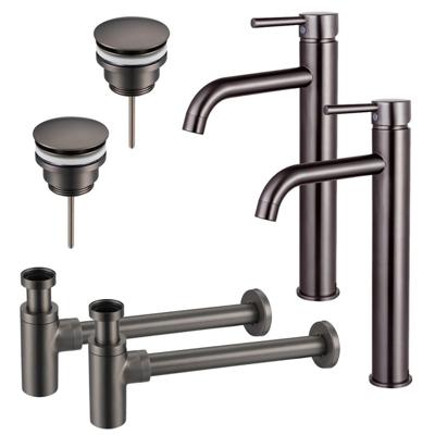 Fortifura Calvi Wastafelkraanset - voor dubbele wastafel - verhoogde wastafelkraan - klikwaste plug - design sifon - Geborsteld Gunmetal PVD 2x SW766541/2x SW767288/2x SW767297