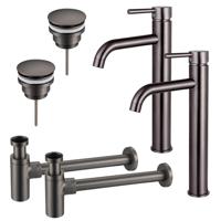 Fortifura Calvi Wastafelkraanset - voor dubbele wastafel - verhoogde wastafelkraan - klikwaste plug - design sifon - Geborsteld Gunmetal PVD 2x SW766541/2x SW767288/2x SW767297