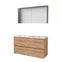 Basic-Line Comfort 46 Badkamermeubelset - 120 x 46 cm - Greeploos - 4 Lades - Keramische Wastafel - 2 Kraangaten - Spiegelkast - Whisky Oak