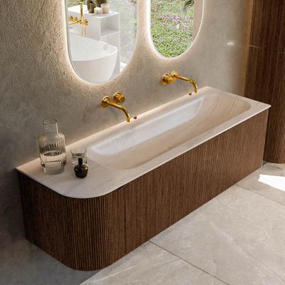 Badmeubel Mondiaz Kurve-Dlux | 145 cm | Meubelkleur Walnut | Wastafelkleur Meli | Solid surface | Wasbak rechter zijde spoelbak | Zonder kraangat(en)