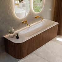 Badmeubel Mondiaz Kurve-Dlux | 145 cm | Meubelkleur Walnut | Wastafelkleur Meli | Solid surface | Wasbak rechter zijde spoelbak | Zonder kraangat(en)