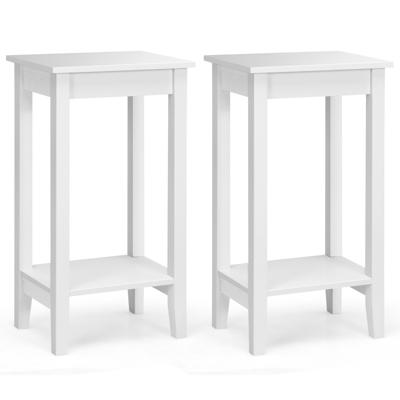 Set van 2 Bijzettafeltjes met Plank Hoge 2 Verdiepingen met 4 Massief Houten Poten Rechthoekige Opbergtafel Gangtafel Plantentafel (Wit)