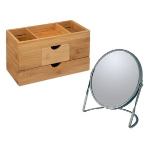 Make-up organizer en spiegel set - lades/vakjes - bamboe/metaal - 5x zoom spiegel