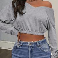 Women's Grey V-Neck Cropped Sweatshirt | Drop Shoulder Pullover Grey / S