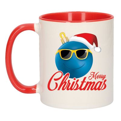 Merry Christmas kerstcadeau kerstmok rood kerstbal blauw met kerstmuts 300 ml