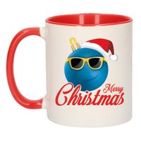 Merry Christmas kerstcadeau kerstmok rood kerstbal blauw met kerstmuts 300 ml    -