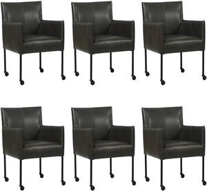 Set van 6 Donkergrijze leren moderne kuipstoel Desire - poot rond zwart met wiel - Granada leer Graphite (donkergrijs leer)