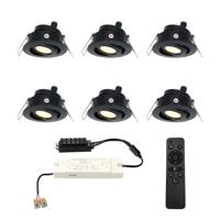 Set van 6 Sienna LED Mini Inbouwspots met trafo - 12 Volt 3 Watt 200 lumen - Dimbaar - Kantelbaar - Plat 30mm - 2700K - IP44 waterdicht - Zwart