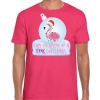 Roze Kerstshirt / Kerstkleding I am dreaming of a pink Christmas voor heren met flamingo kerstbal 2XL  - - thumbnail