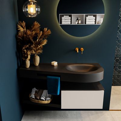 MONDIAZ RIVA 120cm badmeubel onderkast / planchet kleur Linen met 1 lade. Wastafel DULCET rechts 0 kraangaten kleur Urban. MONDIAZ RIVA 120cm badmeubel onderkast / planchet kleur Linen met 1 lade. Wastafel DULCET rechts 0 kraangaten kleur Urban.