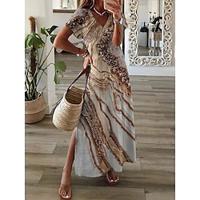 Dames Casual jurk Abstract Marmeren afdrukken Splitsen Afdrukken Strakke ronde hals Maxi-jurk Boho Vakantie Korte mouw Zomer Lightinthebox