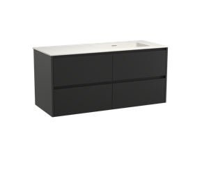 Storke Seda zwevend badmeubel 130 x 52 cm mat zwart met Mata asymmetrisch rechtse wastafel in matte Solid Surface