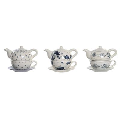Theepot Spel DKD Home Decor Blauw Wit 750 ml Dolomite (3 Stuks)