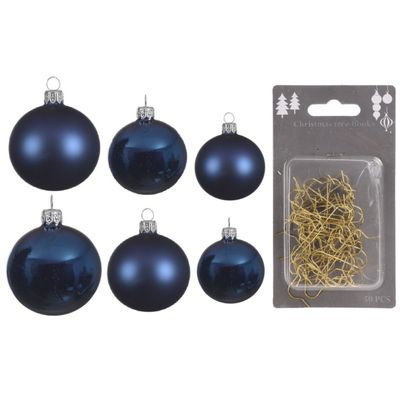 Groot pakket glazen kerstballen 50x donkerblauw glans/mat 4-6-8 cm incl haakjes