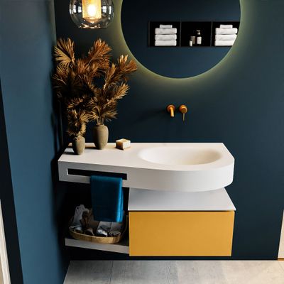 MONDIAZ RIVA 100cm badmeubel onderkast / planchet kleur Ocher met 1 lade. Wastafel DULCET rechts 0 kraangaten kleur Talc. MONDIAZ RIVA 100cm badmeubel onderkast / planchet kleur Ocher met 1 lade. Wastafel DULCET rechts 0 kraangaten kleur Talc.