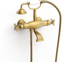 Badkraan Tres Clasic | Opbouw | Thermostaatkraan | Incl.Handdoucheset | 2-weg | hoh 15 cm | 2-knops | Vintage | Messing oud