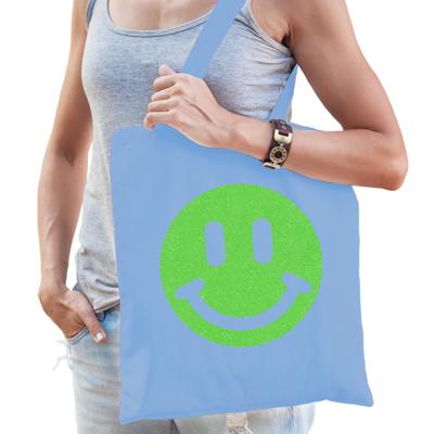 Cadeau tas voor dames - glitter Smile Emoticon - blauw - katoen - 42 x 38 cm - Moederdag - verjaarda