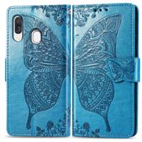 Butterfly Love bloemen reliëf horizontale Flip lederen case voor Galaxy A40 met houder & kaartsleuven & portemonnee & Lanyard (blauw)