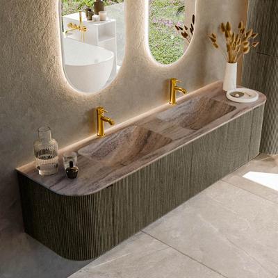 Badmeubel Mondiaz Kurve-Dlux | 180 cm | Meubelkleur Shadow | Wastafelkleur Oza | Solid surface | Wasbak beide zijden spoelbak | 2 kraangaten