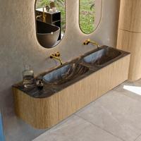 Mondiaz KURVE-DLUX 165 cm Onderkast Greeploos 2 Lades Met Deuren Oak, Wastafel Solid Surface Rechts Lava 0 Kraangaten Zonder Spiegel (KRVSTS165L2L1D0KD-Oak/Lav)