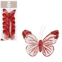 Kerstboomversiering vlinders op clip - 6x st - rood/wit - 10 cm - organza - thumbnail