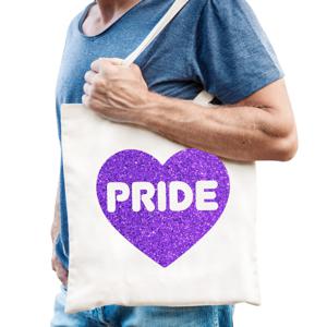 Gay Pride tas voor heren - wit - katoen - 42 x 38 cm - paars glitter hart - LHBTI