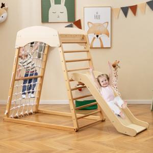 4-In-1 Houten Speeltoestel met Dubbelzijdige Hellingbaan Klimrek Klimnet Klimladder Montessori Indoor Klimspeelset Vloerankers Natuur