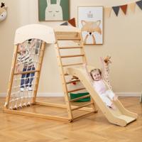 4-In-1 Houten Speeltoestel met Dubbelzijdige Hellingbaan Klimrek Klimnet Klimladder Montessori Indoor Klimspeelset Vloerankers Natuur