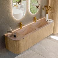 Badmeubel Mondiaz Kurve-Dlux | 170 cm | Meubelkleur Oak | Wastafelkleur Saba | Solid surface | Wasbak beide zijden spoelbak | 2 kraangaten
