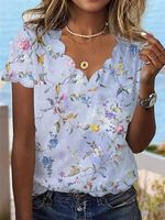 Country Floral Casual Shell Neck Knit T-Shirt - thumbnail