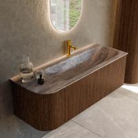 Badmeubel Mondiaz Kurve-Dlux | 125 cm | Meubelkleur Walnut | Wastafelkleur Oza | Solid surface | Wasbak rechter zijde spoelbak | 1 kraangat