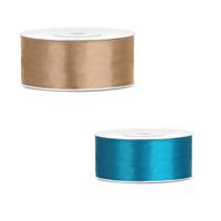 Bellatio decorations 2x rollen satijn cadeaulint/sierlint - 2.5 cm x 25 meter - turquoise blauw en g