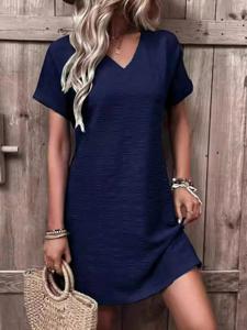 Plain Loose Casual V Neck Dress With No