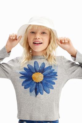 Geribd T-shirt met bloemenillustratie - BLACK - 5/6