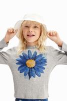 Geribd T-shirt met bloemenillustratie - BLACK - 5/6