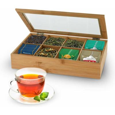 Theedoos/opbergdoos - 8-vaks - bamboe hout - 32 x 20 x 6,5 cm