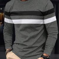 Men's Colorblock Striped Long Sleeve T-Shirt - Round Neck Top Dark Grey / S