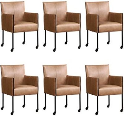 Set van 6 Taupe leren moderne kuipstoel More - poot rond zwart met wiel - Vintage Leer Taupe (taupe leer)