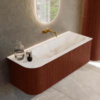 Badmeubel Mondiaz Kurve-Dlux | 125 cm cm | Meubelkleur Ruby | Wastafelkleur Frappe | Solid surface | Wasbak rechter zijde spoelbak | Zonder kraangat(en)