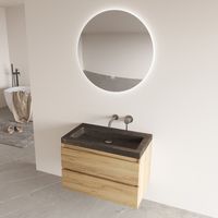 Fontana Freestone badkamermeubel warm eiken 80cm met natuurstenen wastafel zonder kraangat en ronde spiegel - thumbnail