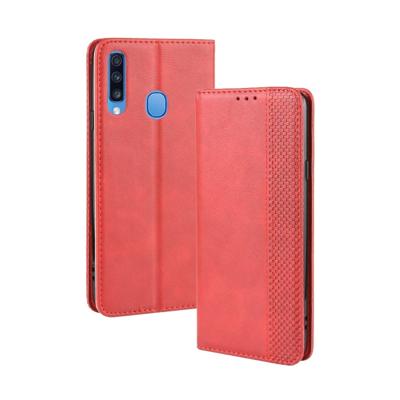 Voor Galaxy A20s magnetische Buckle retro Crazy Horse textuur horizontale Flip leergeval met houder & kaartsleuven & fotolijstjes (rood)