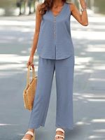 Casual Plain V Neck Two-Piece Set - thumbnail