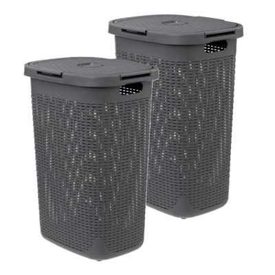 Wasmand met deksel Rotan - 2x - donkergrijs - gevlochten kunststof - 60 liter - 45 x 35 x 66 cm