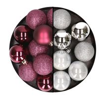 24x stuks kunststof kerstballen mix van aubergine en zilver 6 cm