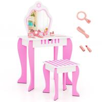 Kinderen Kaptafel en Krukje Set Princess Make-up Kleed Tafel Set met Spiegel & Lade 2-In-1 Kleuter Kaptafel Set Schrijftafel Roze
