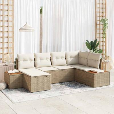 6-delige tuinsofa set met kussens in beige van poly rattan en acacia