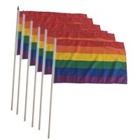 4x Luxe zwaaivlaggen regenboog 30 x 45 cm met houten stok