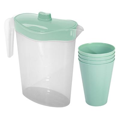 Waterkan/sapkan met deksel groen - 2,5 liter - kunststof - met 4x stuks kunststof glazen 430 ml
